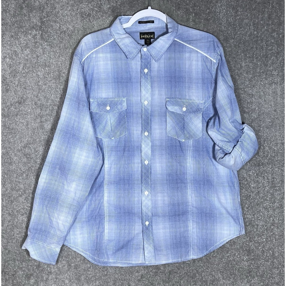 Helix Athletic Fit Button Up Shirt Mens Size XL Blue Plaid Long Sleeve Roll Tab